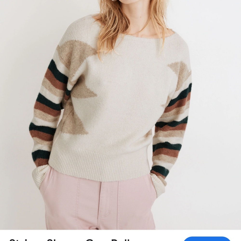 Madewell Stripe Sleeve Geo Pullover Cream Brown Green Boat Neck Sweater Size XXS - Picture 9 of 10